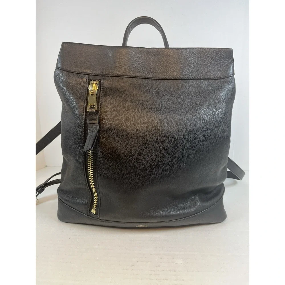 Vince Camuto Women's Madox Backpack Black Leather Metallic Gold Logo Travel Bag